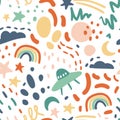 Cute seamless vector pattern with stars, rainbow, moon, clouds